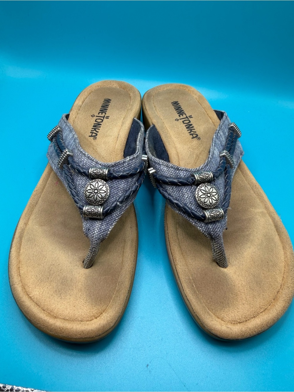 Minnetonka Blue Braided Concho Toe-Post Sandals